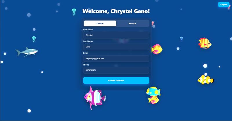Deep Blue create and search interface with playful fish
