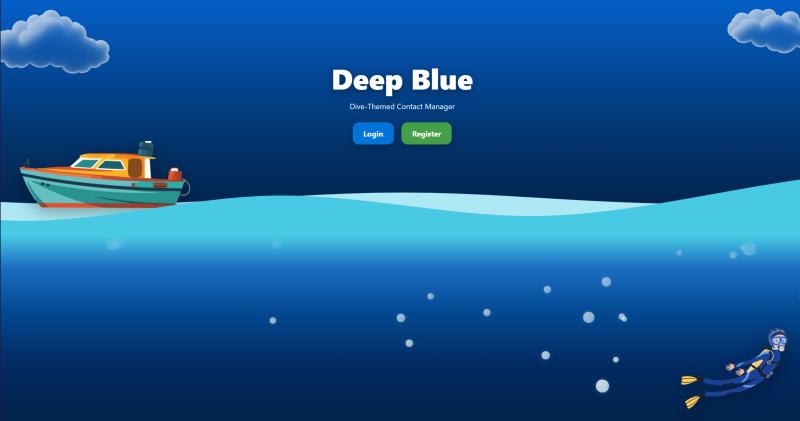 Deep Blue landing screen with boat and diver illustration