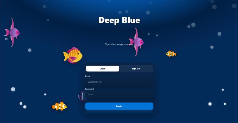 Deep Blue login and sign up form set against deep sea gradients