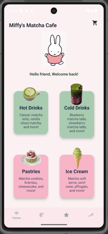 Miffy’s Matcha Cafe home screen with featured drinks