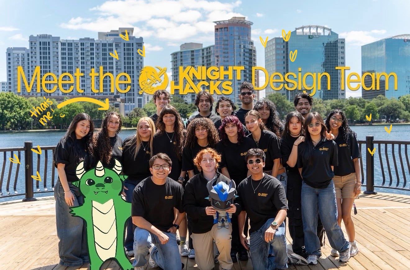 Knight Hacks Design Team group photo with branded event graphics