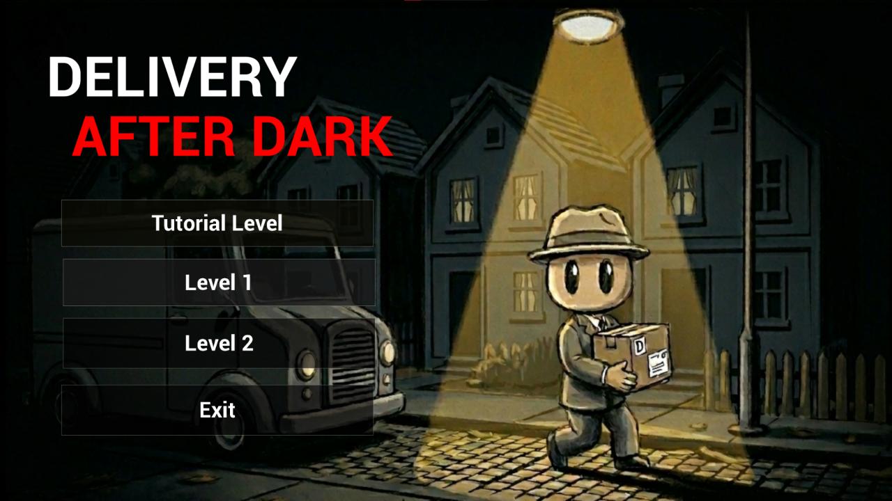 Delivery After Dark title screen with dark stealth game UI