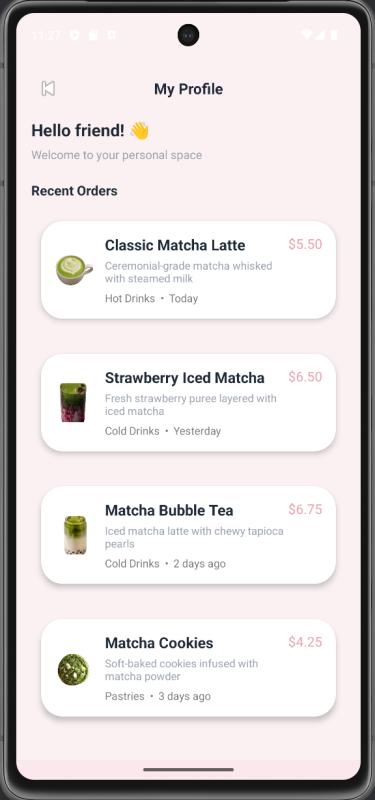 Profile screen with recent orders