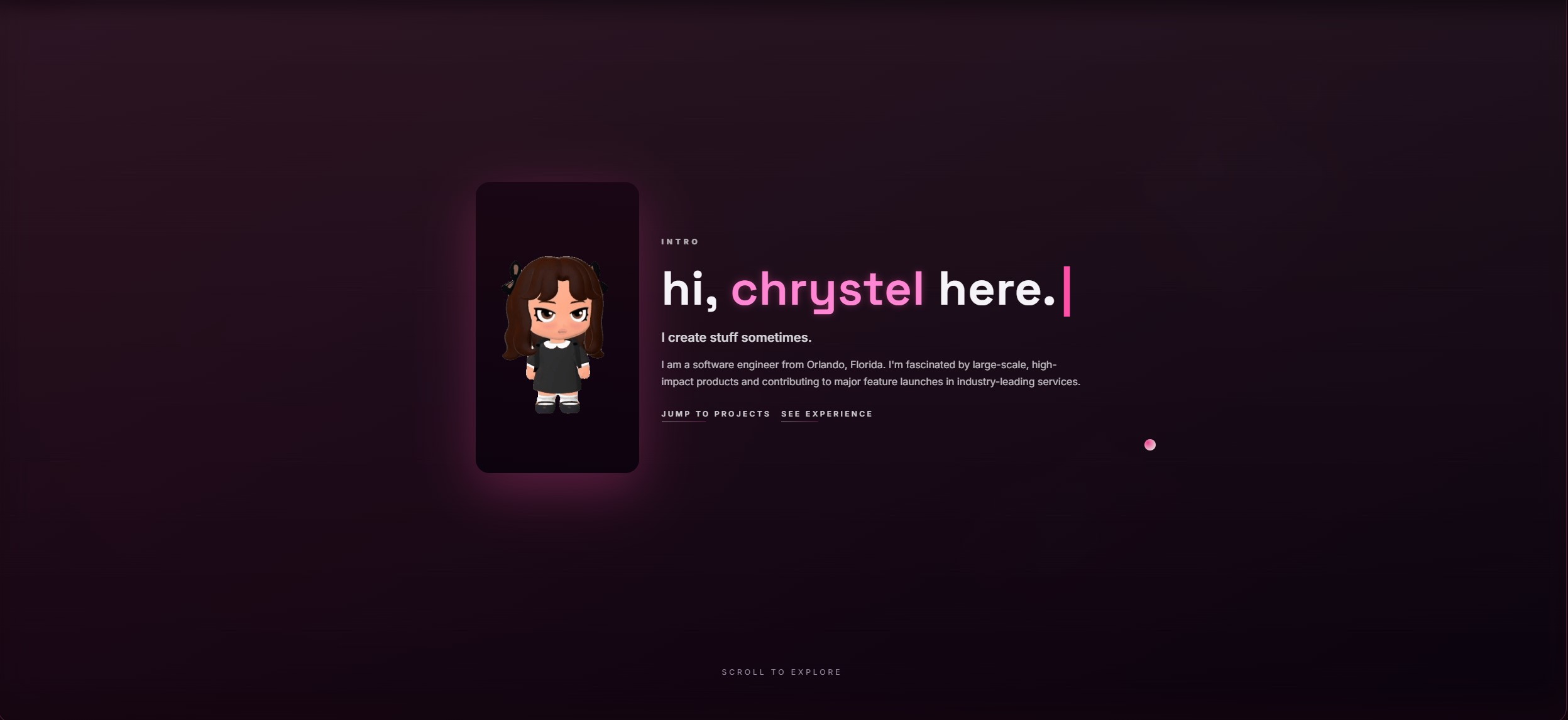 Personal portfolio hero showing Chrystel avatar and intro copy on deep magenta gradient