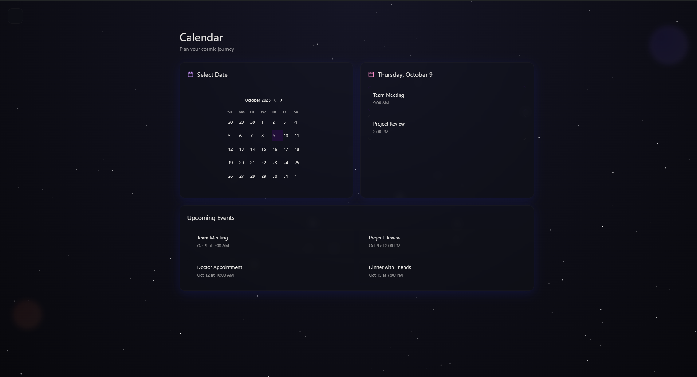 Toki calendar view with upcoming events panel