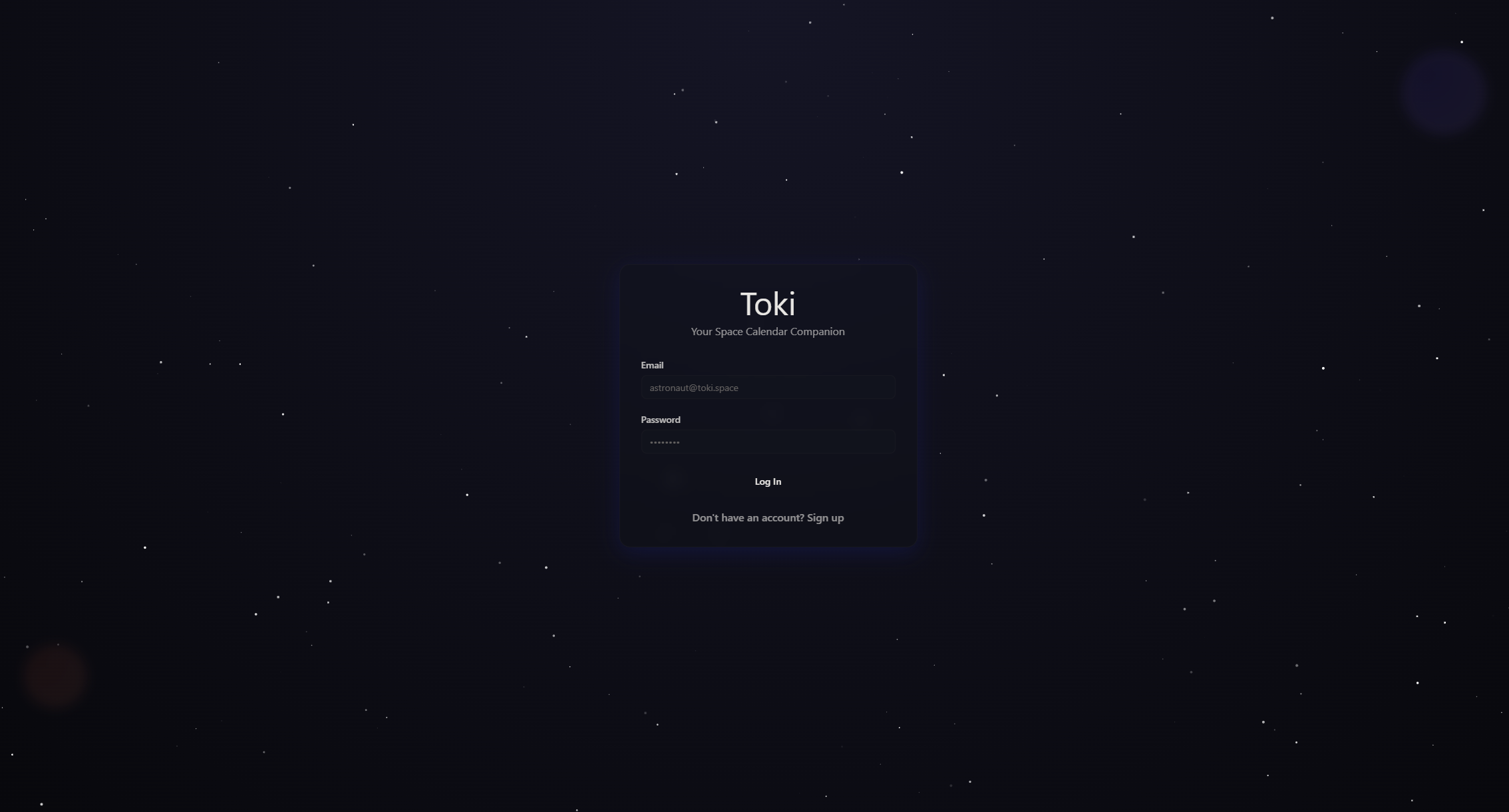 Toki login screen glowing over a starfield backdrop