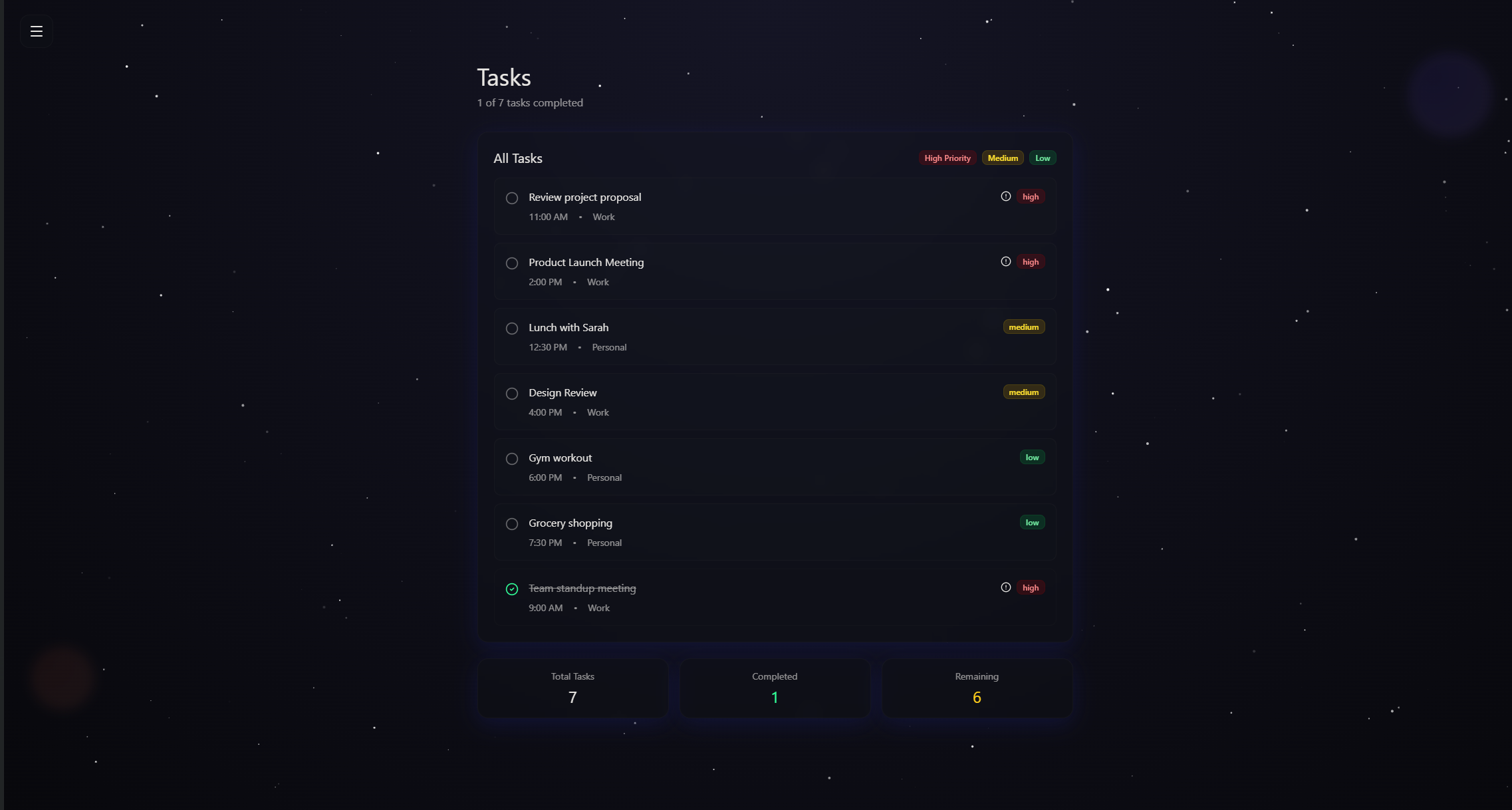 Toki tasks list with priority filters