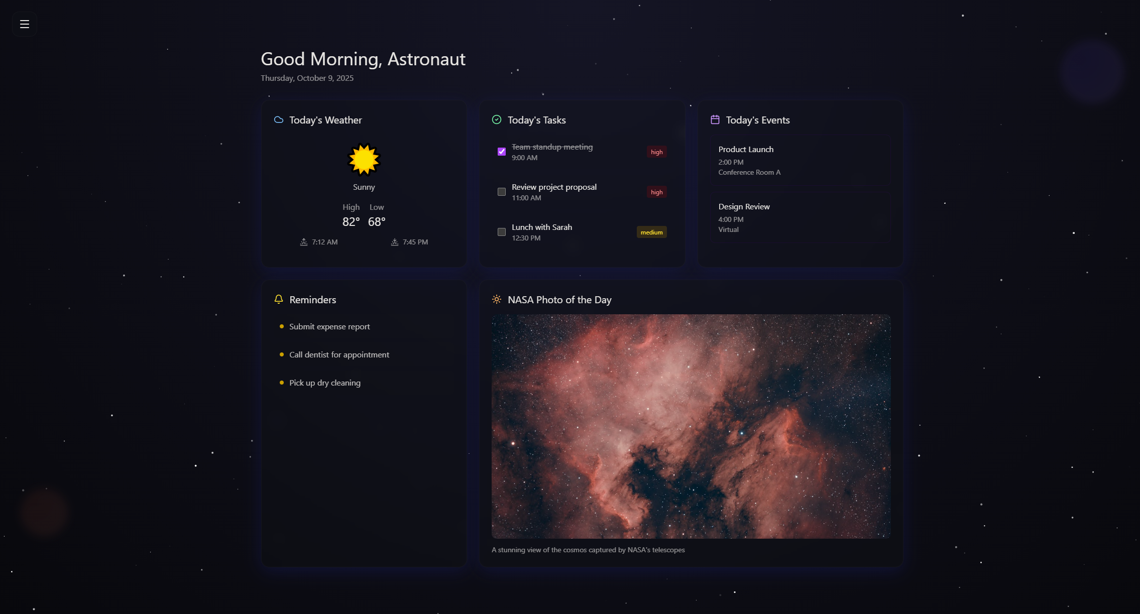 Toki dashboard showing weather, tasks, events, and NASA image of the day