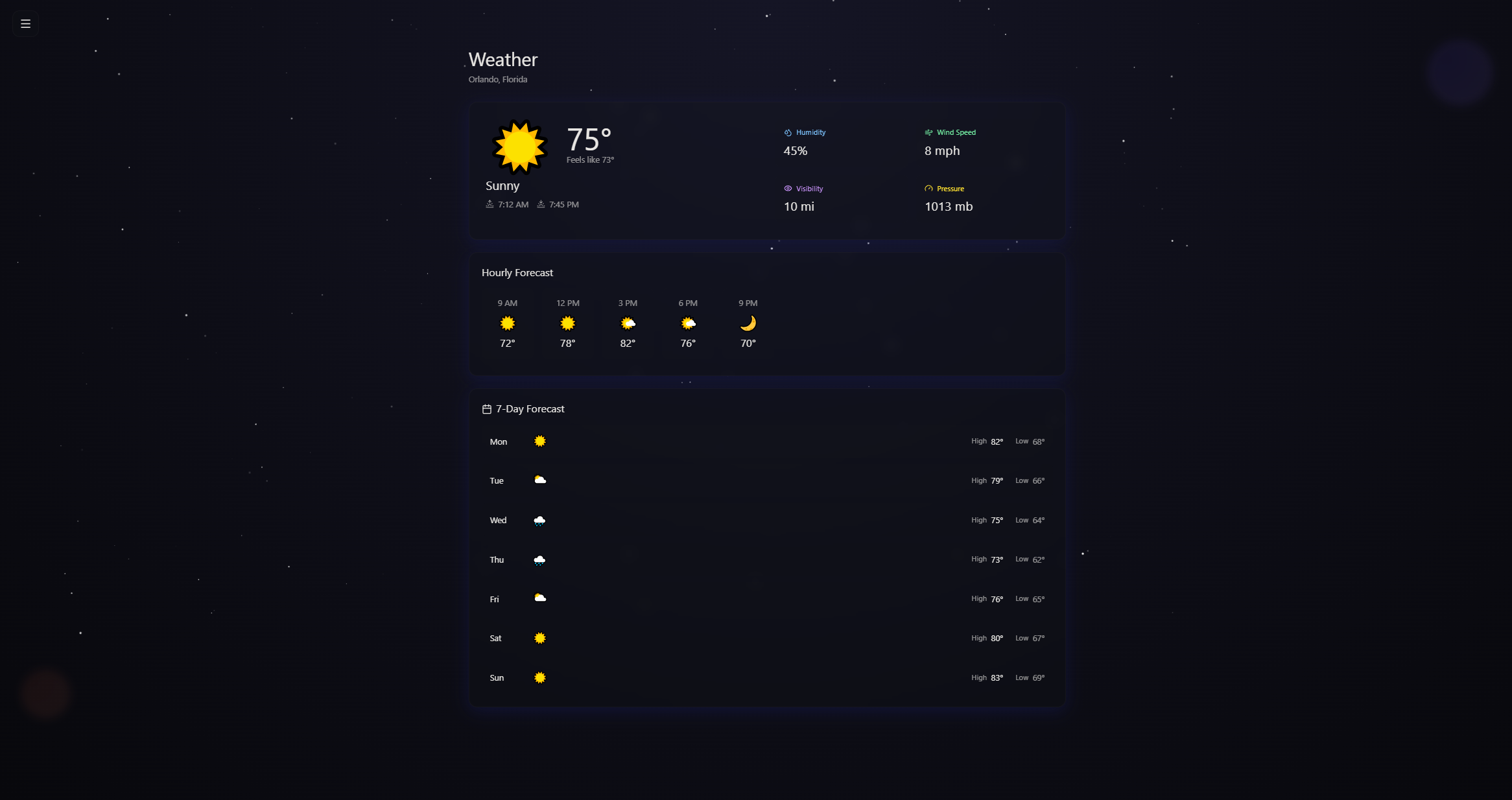 Toki weather forecast layout with hourly and weekly details